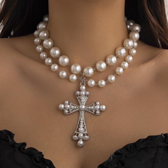 Punk Layered Cross Pendant Necklace with Faux Pearls - Chic Gothic Accessory - Picture 2 of 6